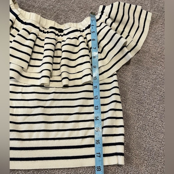 J Crew Off The Shoulder Ruffle Striped Knit Sweater, Sleeveless Black/White, XXS - Picture 7 of 11